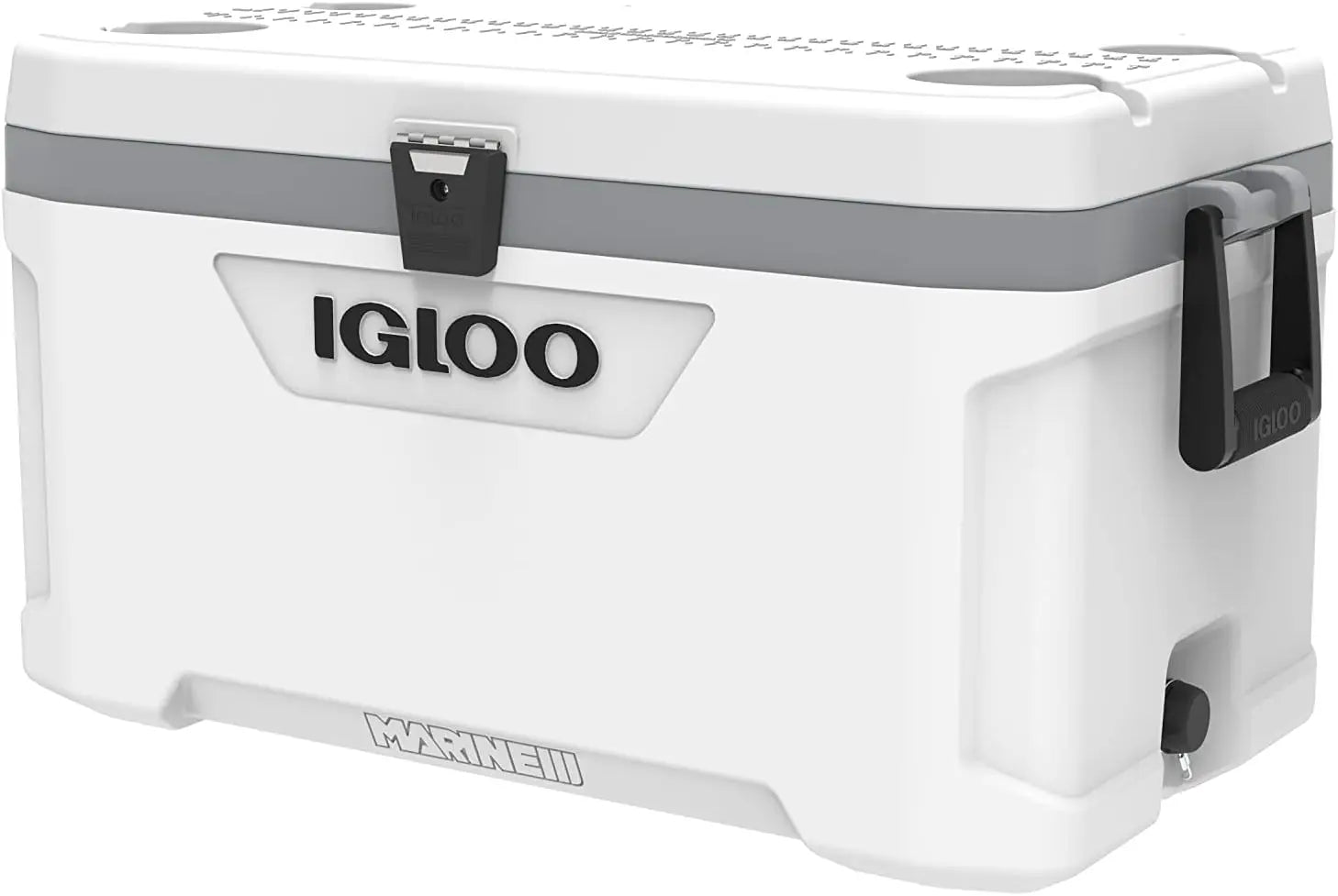 "Igloo Marine Ultra Cooler with hybrid latch and oversized wheels"
"Leak-proof Igloo cooler with removable fishing rod holders"
"5-day ice retention cooler with fishing ruler on lid"