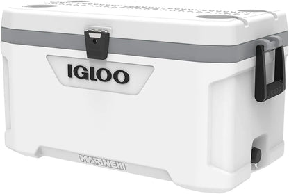 "Igloo Marine Ultra Cooler with hybrid latch and oversized wheels"
"Leak-proof Igloo cooler with removable fishing rod holders"
"5-day ice retention cooler with fishing ruler on lid"