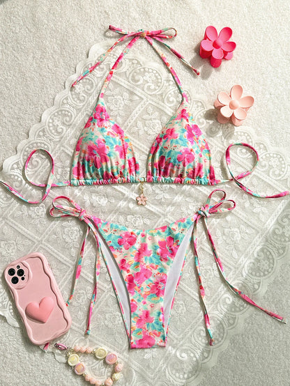Pink Floral Print 2 Piece Swimsuit