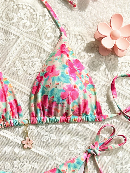 Pink Floral Print 2 Piece Swimsuit