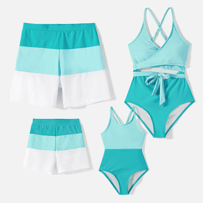 Family Matching Colorblock Swimsuits – Scoop Neck Self-Tie One-Piece for Women/Girls & Swim Trunks for Men/Boys – Stylish Vacation Beachwear