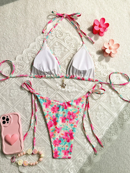 Pink Floral Print 2 Piece Swimsuit