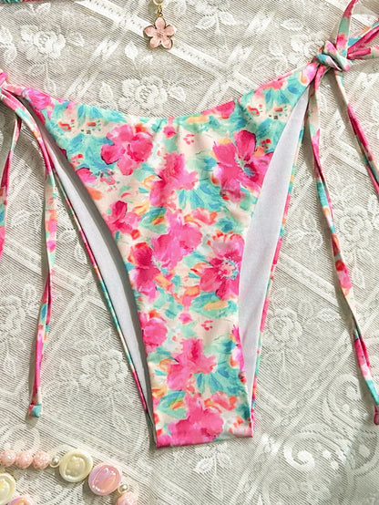 Pink Floral Print 2 Piece Swimsuit