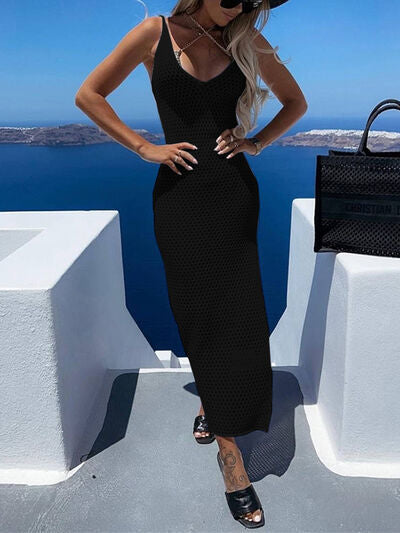 Slit Openwork V-Neck Sleeveless Cover Up in 100% cotton fabric, perfect for summer beach outings. Sheer, breathable material with slight stretch and stylish slit detailing.